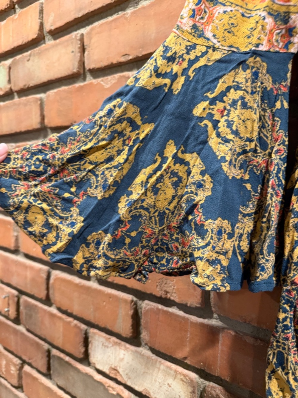 Free People Navy and Mustard Boho Printed Peasant Blouse - Picture 4 of 7